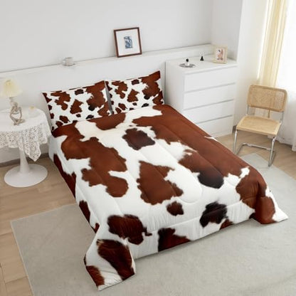 Erosebridal Cowhide Comforter Set for Kids Boys, Cute Brown White Cow Bedding Set King Size, Farm Animal Skin Down Comforter Western Cowboy Country Duvet Sets Farmhouse Decoration