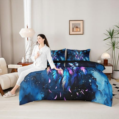 Erosebridal Blue Butterfly Dream Catcher King Bed in A Bag 7 Piece Marble Comforter Set with Sheets Boho Gypsy Butterfly Bedding Sets for Kids Girls Women,Indian Hippie Feather Bed Set
