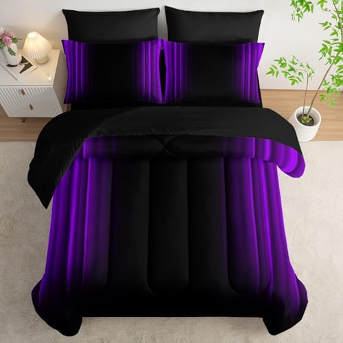 Nttopship Purple and Black Bedding Set Twin Size Abstract Ombre Comforter Set Bedding Set 7 Piece in A Bag,Dark Quilt Set Mordern Art Decor All Seasons with Pillowcases,Flat, Fitted Sheet