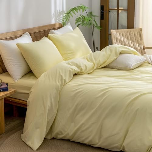 BESTOUCH Cotton Solid Duvet Cover Set Linen Feel Light Yellow Alaska King