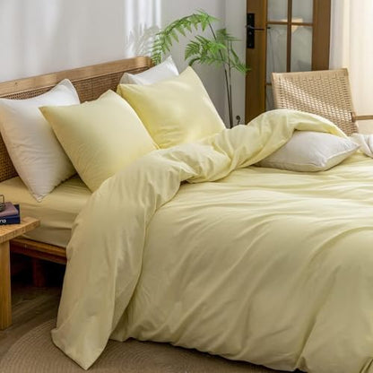 BESTOUCH Cotton Solid Duvet Cover Set Linen Feel Light Yellow Alaska King