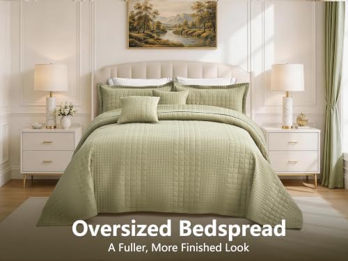 Oversized King Bedspreads 128x120, Grid Stitch, Olive Green
