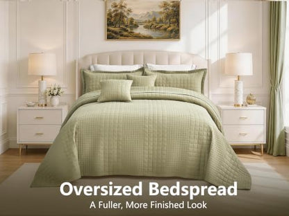 Oversized King Bedspreads 128x120, Grid Stitch, Olive Green