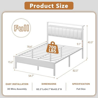 Furnulem White Full Size Bed Frame with Charging Station & LED Lights