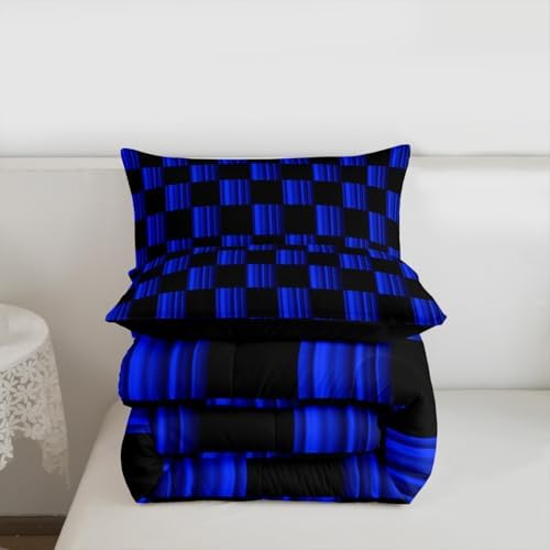 Feelyou Checkered Comforter Set King Size Abstract Ombre Bedding Set for Kids Boys Girls Modern Geometric Blue Black Duvet Quilt Cute Neutral Aesthetic Plaid Bedroom Decor 3 Pcs with 2 Pillow Cases