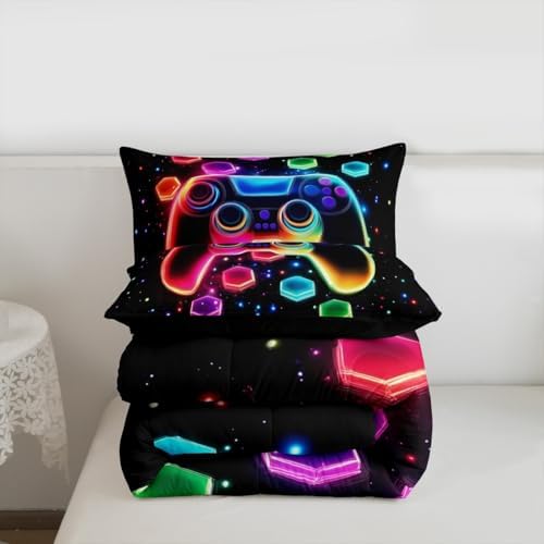 Game Consoles Kids Boys Reversible Comforter Set Queen Size,Gaming Bedding Sets Gamer Room Decor Gifts Galaxy 3D Neon Honeycomb Video Games Polyester Quilt Set,2 Pillowcases (Red Green Blue)