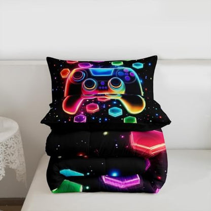 Game Consoles Kids Boys Reversible Comforter Set Queen Size,Gaming Bedding Sets Gamer Room Decor Gifts Galaxy 3D Neon Honeycomb Video Games Polyester Quilt Set,2 Pillowcases (Red Green Blue)