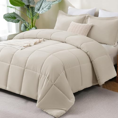 CozyLux Queen Size Comforter Set, 3-Piece Box-Stitched, Beige