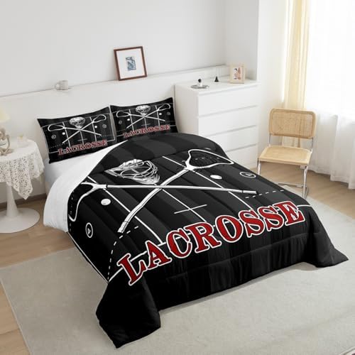 Manfei Lacrosse Comforter Set Twin Size, Sports Gaming Theme Quilt Set with 1 Pillowcase, White Lacrosse Player Bedding Set 2pcs for Kids Boys Teens Bedroom Decor