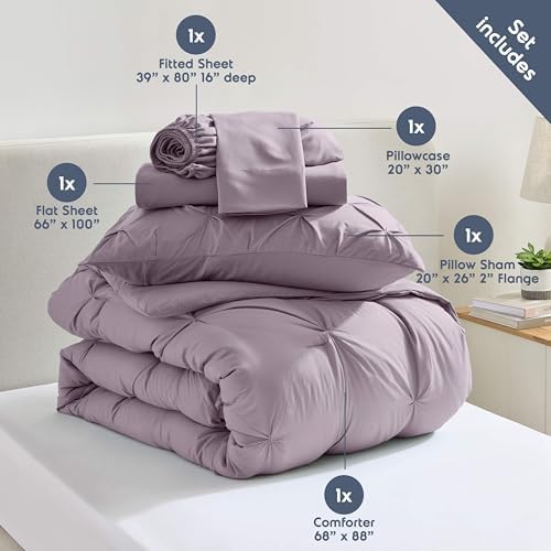Nestl 7 Piece Twin XL Comforter Set – Grayish Purple Pinch Pleated Bed in a Bag – Complete Twin XL Size Bedding Set with Sheets, Set of 2 Cooling Pillows, Pillowcase and Sham