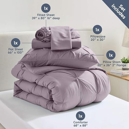 Nestl 7 Piece Twin XL Comforter Set – Grayish Purple Pinch Pleated Bed in a Bag – Complete Twin XL Size Bedding Set with Sheets, Set of 2 Cooling Pillows, Pillowcase and Sham