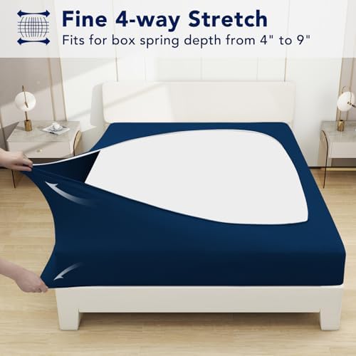 PureFit Stretchy Box Spring Cover Full - Elastic Fitted Box Spring Wrap Around 4 Sides, Wrinkle & Fading Resistant Fits Full Size Beds, Navy