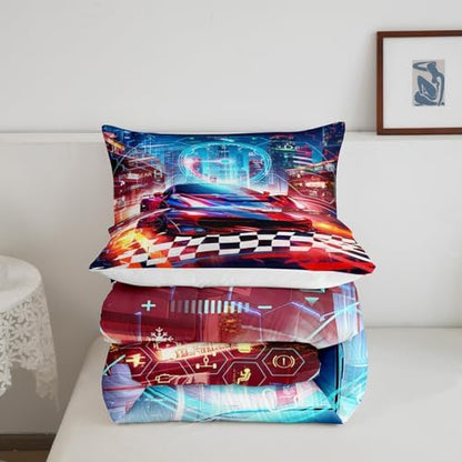 Feelyou Boys Red Race Car Full Size Bedding Set Kids Racing Car Decor Comforter Extreme Sports Car Comforter Set for Teens Honeycomb Grid Car Comforter Quilt Set Car Room Decorations