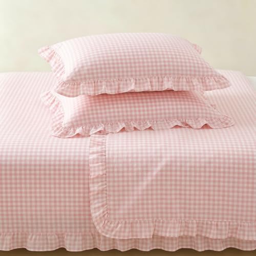 Nayoroom Pink Ruffle Gingham Comforter Set Twin Plaid Checkered Bedding