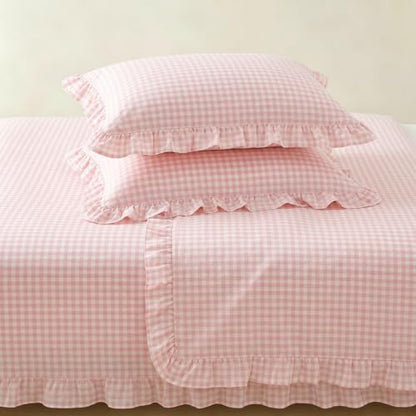 Nayoroom Pink Ruffle Gingham Comforter Set Twin Plaid Checkered Bedding