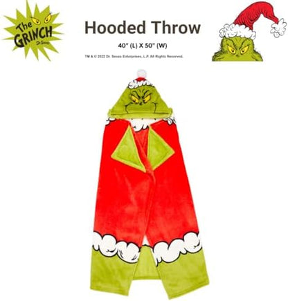 Franco Dr. Seuss The Grinch Holiday Christmas Kids Bedding Soft Cozy Hooded Throw Blanket, 40 in x 50 in, (Officially Licensed Product)