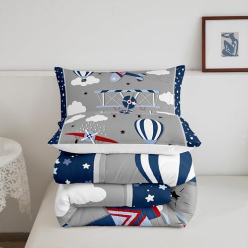 Castle Fairy Airplane Comforter Set Queen Size for Boys, Kids Aviation Bedding Set with 2 Pillow Shams, Soft Lightweight Microfiber Quilt with Airplane Clouds Stars Design, Blue Gray Bedroom Decor