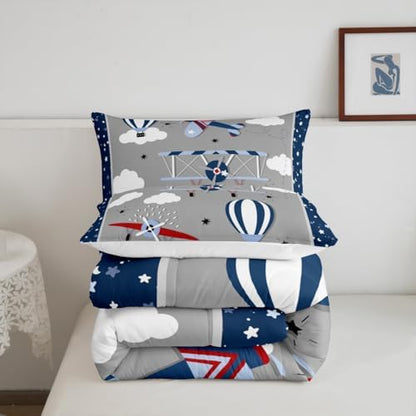 Castle Fairy Airplane Comforter Set Twin for Boys, Kids Aviation Bedding Set with Airplane, Clouds & Stars Design, Soft Lightweight Microfiber Quilt for Toddler Bedroom Decor, Blue Gray