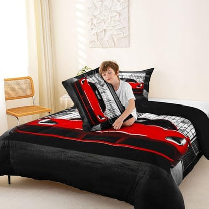 Feelyou Boys Red Race Car Comforter Set Toddler Size Red Luxury Car Bedding Set for Kids Boys Girls Extreme Sports Duvet Quilt Fast and Furious Bedroom Decor 2 Pcs with 1 Pillow Cases