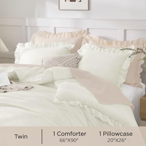 Andency Ivory Ruffle Comforter Twin Size, 2 Pieces Soft Bed Set