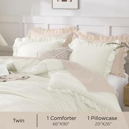 Andency Ivory Ruffle Comforter Twin Size, 2 Pieces Soft Bed Set