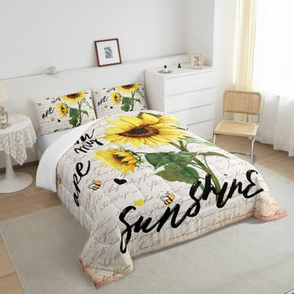 Sunflower Comforter Set Full Size,Romatic Sunshine Graffiti Bedding Set 3pcs for Kids Teens Couple Adults Home Room Decor,Rustic Farmhouse Bee Quilt Set Nature Plants Animals Duvet Insert