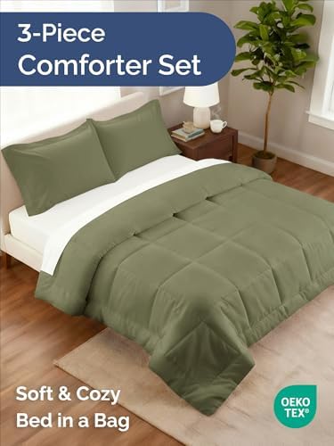 King Comforter Set - Sage Green Bedding for All Seasons - 3 Piece Bed Set