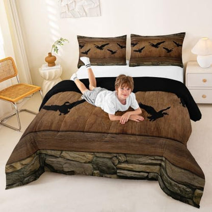 Manfei Cute Mallard Comforter Set Twin Size,Rustic Farmhouse Brown Wooden Bedding Set 2pcs,Fishing and Hunting Down Comforter for All Season,Kids Boys Girls Room Decor,1 Pillowcase,No Sheets