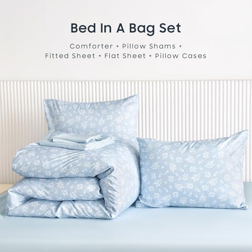 Wake In Cloud - Floral Comforter Set with Sheets, Coquette Cottagecore Aesthetic Flower Shabby Chic Pattern for Women Teen Girls, 7 Pieces Bed in a Bag, Light Blue, Full Size