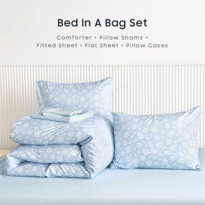 Wake In Cloud - Floral Comforter Set with Sheets, Coquette Cottagecore Aesthetic Flower Shabby Chic Pattern for Women Teen Girls, 7 Pieces Bed in a Bag, Light Blue, Full Size