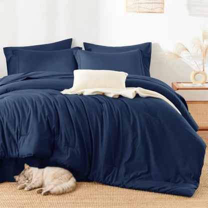 HIMEET King Comforter Set, 7-Piece Point-Quilted Bed in a Bag, Navy Blue