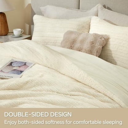 BEDELITE Faux Fur Queen Comforter Set, Fluffy Bed Set, Cream White