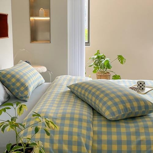 mixinni Plaid Duvet Cover Set Queen Yellow - Soft Washed Cotton Modern Geometric Bedding Set with 2 Pillowcases, Blue Green Gingham Grid Queen Duvet Cover for Men & Women, Soft & Lightweight