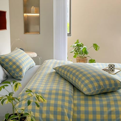mixinni Plaid Duvet Cover Set Queen Yellow - Soft Washed Cotton Modern Geometric Bedding Set with 2 Pillowcases, Blue Green Gingham Grid Queen Duvet Cover for Men & Women, Soft & Lightweight
