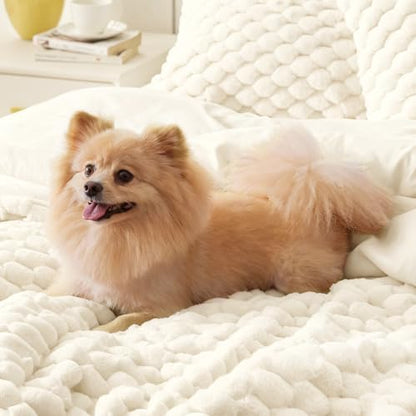 BEDELITE Fluffy Full Size Comforter Set, Cream Fleece Bed Set 3 Pieces