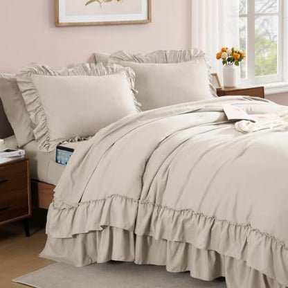 AMBERSPACE Queen Comforter Set Beige Ruffle 7 Pieces Farmhouse Bed in a Bag