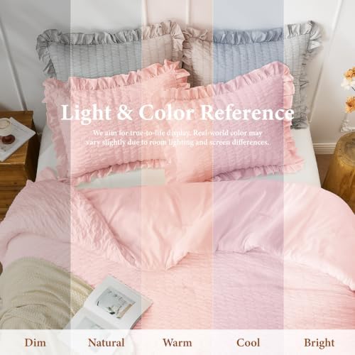 JOLLYVOGUE Pink Comforter Full Size, 3 Pieces Seersucker Lightweight Full Size Bedding, All Season Fluffy Microfiber Bedding Comforter Set with 1 Ruffle Comforter and 2 Ruffle Pillowshams