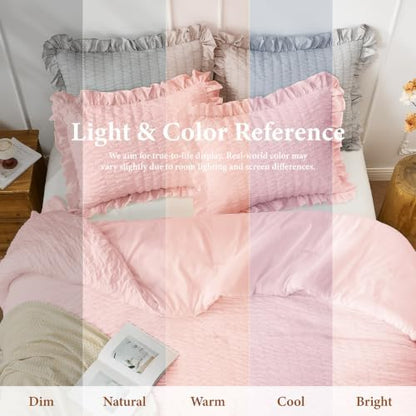 JOLLYVOGUE Pink Comforter Full Size, 3 Pieces Seersucker Lightweight Full Size Bedding, All Season Fluffy Microfiber Bedding Comforter Set with 1 Ruffle Comforter and 2 Ruffle Pillowshams
