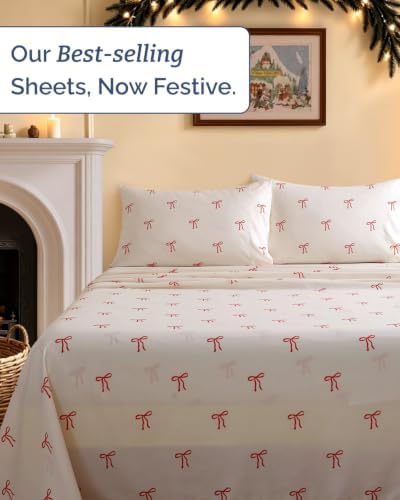 Christmas Sheet Set, Dainty Red Bows, Holiday Xmas Bedding Set - Full Size