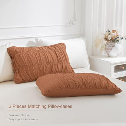 Masaca King Size Comforter Set(106"x95"),3 Pieces Lightweight Ruched Ruffle Pumpkin California King Bed Comforter Vintage Rustic Shabby Boho Farmhouse Burnt Orange Bedding Sets Ultra Soft
