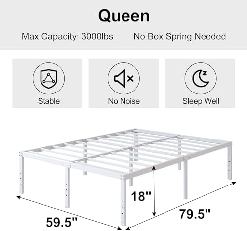 DiaOutro 18 Inch White Metal Bed Frame Queen with Storage