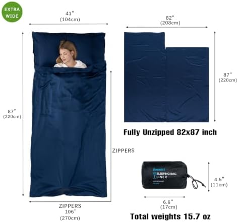 Browint Premium Silky Sleeping Bag Liner with Two-Way Zippers, 87"x41" Extra Wide Adult Sleep Sack for Hotel, Breathable Lightweight Travel Sheet, Multifunctional Bed Sheet for Camping, All Seasons