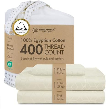Threadmill 400 Thread Count Egyptian Cotton Twin Sheet Set, Jacquard, Ivory