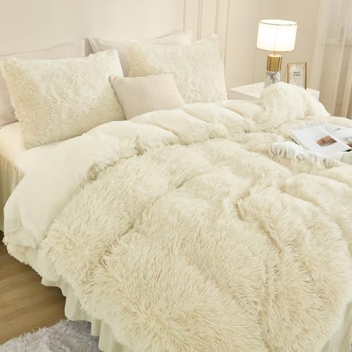 Andency Light Beige King Size Comforter Set, Fluffy Faux Fur Bedding Set