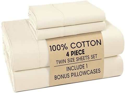 Casa Platino Twin XL Bed Sheets – Breathable 4 Piece Percale Cooling Twin XL Sheets with Crisp Feel, with 15 Inch Deep Pocket Fitted Sheet, Ultra Soft & Cozy Feel, Fit – Ivory
