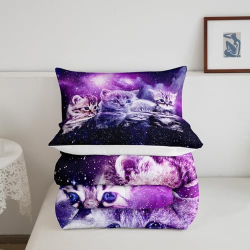 Cat Comforter Cute Pet Cats Pattern Bedding Set Outer Space Kawaii Kitten Comforter Set for Children Kids Boys Girls Cartoon 3D Animal Theme Galaxy Duvet Set Purple Room Decor Quilt Set Full Size