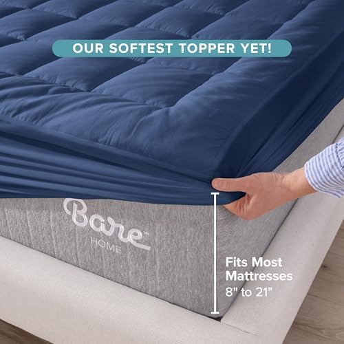 Bare Home Twin Extra Long Mattress Topper Cotton Top (Twin XL, Dark Blue)