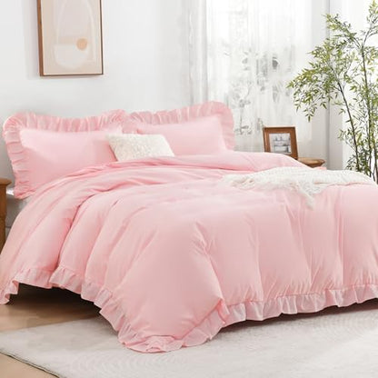 Andency Pink Ruffle Duvet Cover Full, Shabby Chic Farmhouse Bedding Set