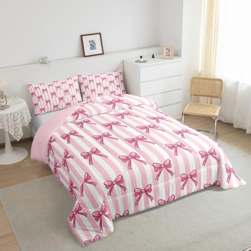 jejeloiu Pink Bow Bedding Set Soft for Boys Girls, Bowknot Comforter Set King Size Bow-tie Duvet Quilt Microfiber Colourful Bowknot Bedroom Decor 3 Pcs with 2 Pillow Cases