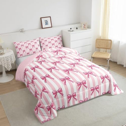 jejeloiu Pink Bow Bedding Set Soft for Boys Girls, Bowknot Comforter Set Toddler Size Bow-tie Duvet Quilt Microfiber Colourful Bowknot Bedroom Decor 2 Pcs with 1 Pillow Cases